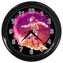 Astronaut Spacesuit Standing Surfboard Surfing Milky Way Stars Wall Clock (black) by Ndabl3x