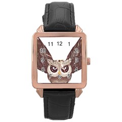 Owl Bird Feathers Rose Gold Leather Watch  by Sarkoni