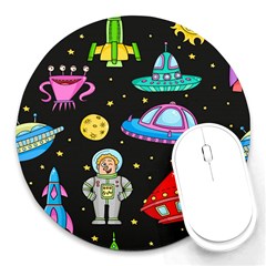 Seamless Pattern With Space Objects Ufo Rockets Aliens Hand Drawn Elements Space Round Mousepad by Hannah976