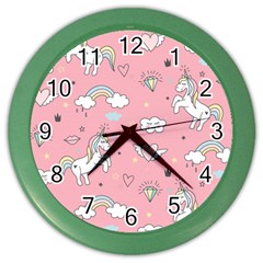 Cute Unicorn Seamless Pattern Color Wall Clock by Apen