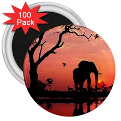 Elephant Landscape Tree Africa Sunset Safari Wild 3  Magnets (100 Pack) by Jatiart