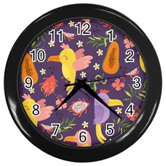 Exotic Seamless Pattern With Parrots Fruits Wall Clock (black) by Ravend