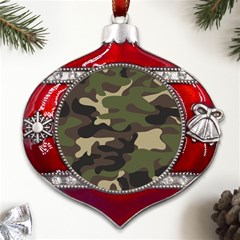 Texture Military Camouflage Repeats Seamless Army Green Hunting Metal Snowflake And Bell Red Ornament by Ravend