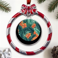 Green Tropical Leaves Metal Red Ribbon Round Ornament by Jack14