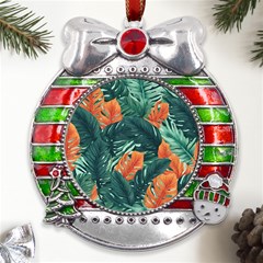 Green Tropical Leaves Metal X mas Ribbon With Red Crystal Round Ornament by Jack14