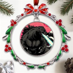 Godzilla Vintage Wave Metal X mas Wreath Ribbon Ornament by Cendanart