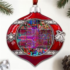 Technology Circuit Board Layout Pattern Metal Snowflake And Bell Red Ornament by Ket1n9