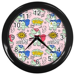 Seamless Pattern With Many Funny Cute Superhero Dinosaurs T-rex Mask Cloak With Comics Style Inscrip Wall Clock (black) by Ket1n9