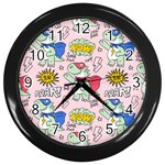 Seamless Pattern With Many Funny Cute Superhero Dinosaurs T-rex Mask Cloak With Comics Style Inscrip Wall Clock (Black) Front