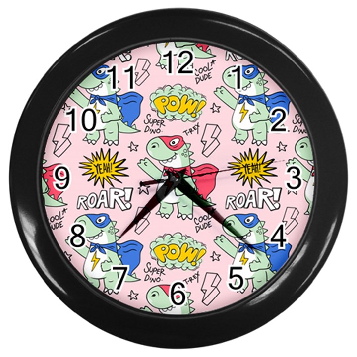 Seamless Pattern With Many Funny Cute Superhero Dinosaurs T-rex Mask Cloak With Comics Style Inscrip Wall Clock (Black)