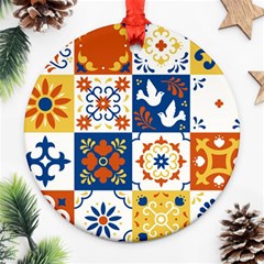 Mexican Talavera Pattern Ceramic Tiles With Flower Leaves Bird Ornaments Traditional Majolica Style Ornament (round) by Ket1n9