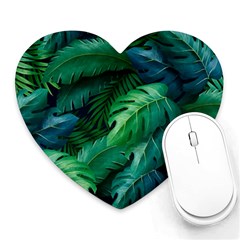 Tropical Green Leaves Background Heart Mousepad by Hannah976