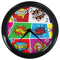 Pop Art Comic Vector Speech Cartoon Bubbles Popart Style With Humor Text Boom Bang Bubbling Expressi Wall Clock (black) by Hannah976