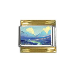 Mountains And Trees Illustration Painting Clouds Sky Landscape Gold Trim Italian Charm (9mm) by Cendanart