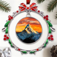 Snow Capped Mountain Himalayas Clouds Landscape Nature Metal X mas Wreath Ribbon Ornament by Cendanart