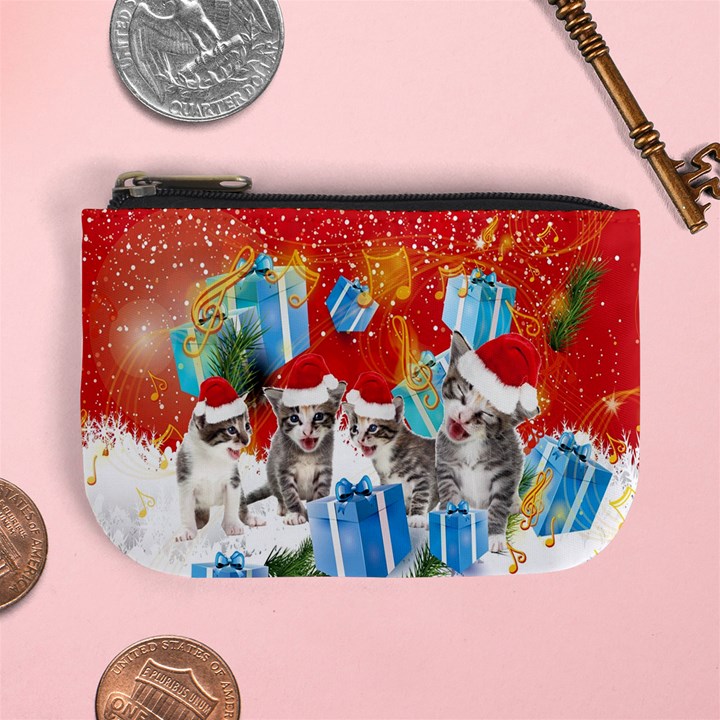 Red Stars Snow Xmas Music Cat Mini Coin Purse