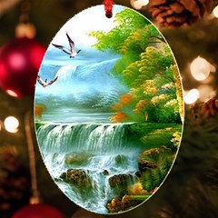 Paradise Forest Painting Bird Deer Waterfalls Uv Print Acrylic Ornament Oval by Ndabl3x