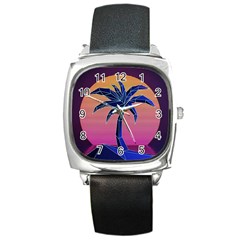 Abstract 3d Art Holiday Island Palm Tree Pink Purple Summer Sunset Water Square Metal Watch by Cemarart