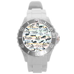 Seamless Vector Pattern With Little Cute Fish Cartoon Round Plastic Sport Watch (l) by Cemarart