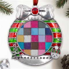 Tile, Colorful, Squares, Texture Metal X mas Ribbon With Red Crystal Round Ornament by nateshop