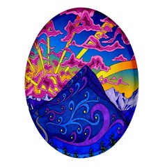 Blue And Purple Mountain Painting Psychedelic Colorful Lines Oval Glass Fridge Magnet (4 Pack) by Bedest