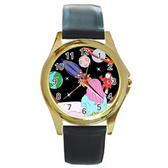 Girl Bed Space Planets Spaceship Rocket Astronaut Galaxy Universe Cosmos Woman Dream Imagination Bed Round Gold Metal Watch by Maspions