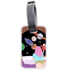 Girl Bed Space Planets Spaceship Rocket Astronaut Galaxy Universe Cosmos Woman Dream Imagination Bed Luggage Tag (two Sides) by Maspions