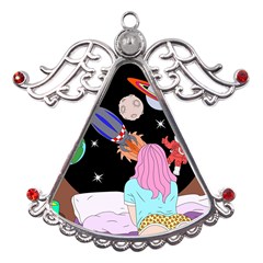 Girl Bed Space Planets Spaceship Rocket Astronaut Galaxy Universe Cosmos Woman Dream Imagination Bed Metal Angel With Crystal Ornament by Maspions