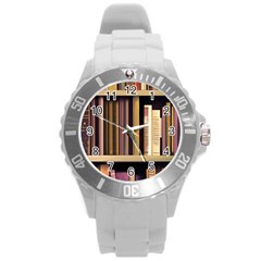 Books Bookshelves Office Fantasy Background Artwork Book Cover Apothecary Book Nook Literature Libra Round Plastic Sport Watch (l) by Grandong