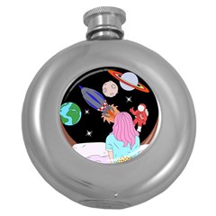 Girl Bed Space Planets Spaceship Rocket Astronaut Galaxy Universe Cosmos Woman Dream Imagination Bed Round Hip Flask (5 Oz) by Maspions