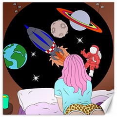 Girl Bed Space Planets Spaceship Rocket Astronaut Galaxy Universe Cosmos Woman Dream Imagination Bed Canvas 20  X 20  by Maspions