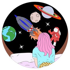 Girl Bed Space Planets Spaceship Rocket Astronaut Galaxy Universe Cosmos Woman Dream Imagination Bed Round Trivet by Maspions