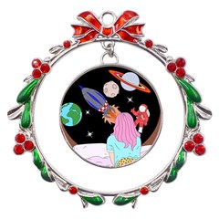 Girl Bed Space Planets Spaceship Rocket Astronaut Galaxy Universe Cosmos Woman Dream Imagination Bed Metal X mas Wreath Ribbon Ornament by Maspions