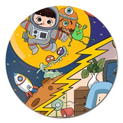 Astronaut Moon Monsters Spaceship Universe Space Cosmos Magnet 5  (round) by Maspions