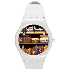 Book Nook Books Bookshelves Comfortable Cozy Literature Library Study Reading Room Fiction Entertain Round Plastic Sport Watch (m) by Maspions