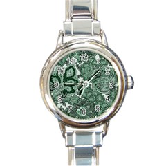 Green Ornament Texture, Green Flowers Retro Background Round Italian Charm Watch by nateshop