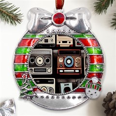 Retro Cameras Old Vintage Antique Technology Wallpaper Retrospective Metal X mas Ribbon With Red Crystal Round Ornament by Grandong