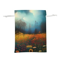 Wildflowers Field Outdoors Clouds Trees Cover Art Storm Mysterious Dream Landscape Lightweight Drawstring Pouch (l) by Posterlux