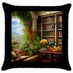 Room Interior Library Books Bookshelves Reading Literature Study Fiction Old Manor Book Nook Reading Throw Pillow Case (black) by Posterlux