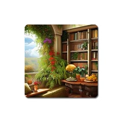 Room Interior Library Books Bookshelves Reading Literature Study Fiction Old Manor Book Nook Reading Square Magnet by Posterlux