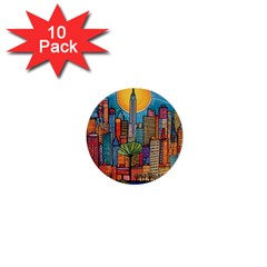 City New York Nyc Skyscraper Skyline Downtown Night Business Urban Travel Landmark Building Architec 1  Mini Buttons (10 Pack)  by Posterlux