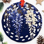 Solid Color Background With Royal Blue, Gold Flecked , And White Wisteria Hanging From The Top Round Filigree Ornament (Two Sides) Front