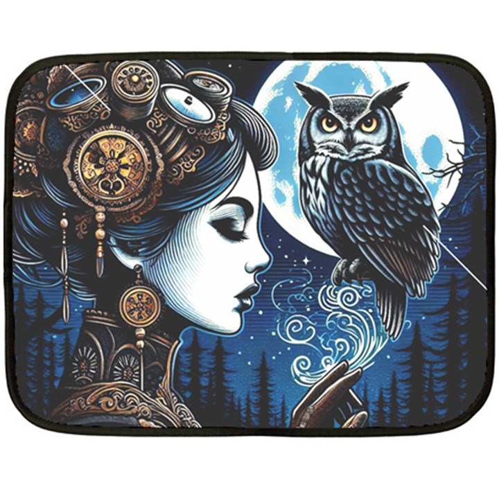 Steampunk Woman With Owl 2 Steampunk Woman With Owl Woman With Owl Strap Two Sides Fleece Blanket (Mini)