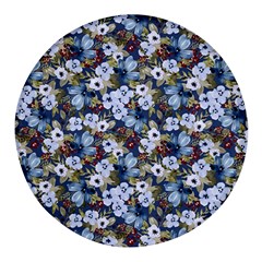 Blue Flowers Dark Blue Flowers Round Glass Fridge Magnet (4 Pack) by DinkovaArt