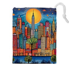 City New York Nyc Skyscraper Skyline Downtown Night Business Urban Travel Landmark Building Architec Drawstring Pouch (5xl) by Posterlux