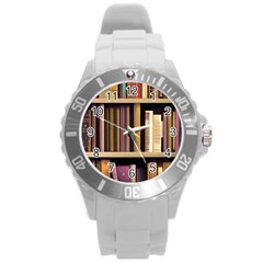 Books Bookshelves Office Fantasy Background Artwork Book Cover Apothecary Book Nook Literature Libra Round Plastic Sport Watch (l) by Posterlux