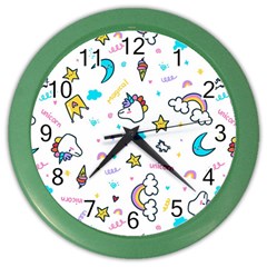 Unicorns Rainbows Seamless Pattern Color Wall Clock by Bedest