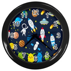 Big Set Cute Astronauts Space Planets Stars Aliens Rockets Ufo Constellations Satellite Moon Rover V Wall Clock (black) by Bedest