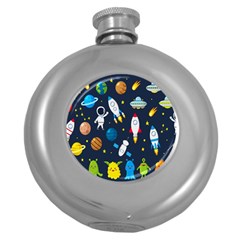 Big Set Cute Astronauts Space Planets Stars Aliens Rockets Ufo Constellations Satellite Moon Rover V Round Hip Flask (5 Oz) by Bedest