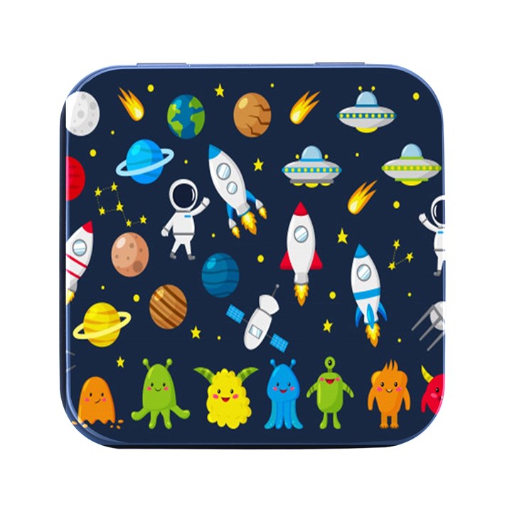 Big Set Cute Astronauts Space Planets Stars Aliens Rockets Ufo Constellations Satellite Moon Rover V Square Metal Box (Black)